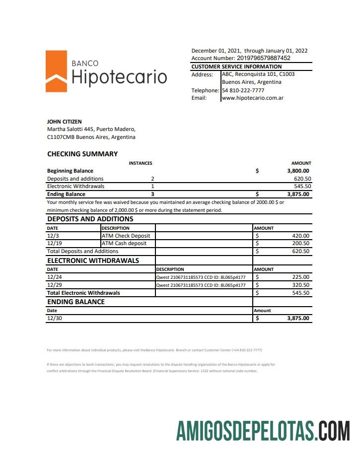 Argentina Banco Hipotecario Bank Statement Xls amostra